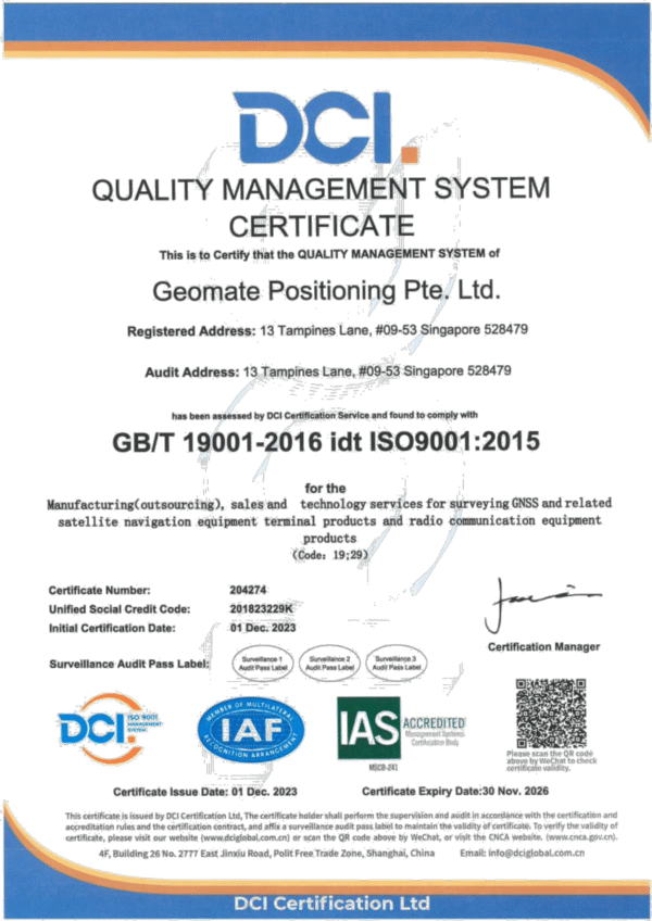 Geomate Positioning Pte. Ltd. đạt ISO 9001:2015 cho sản xuất & dịch vụ thiết bị GNSS, hiệu lực đến 30/11/2026